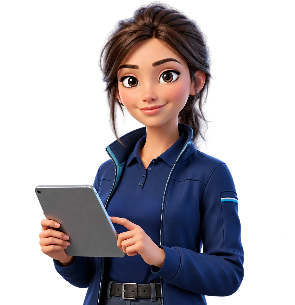 Maia, l'assistante IA d'Arti AI : illustration d'une femme d'une trentaine d'années en veste de travail bleu nuit, souriante, une tablette à la main.